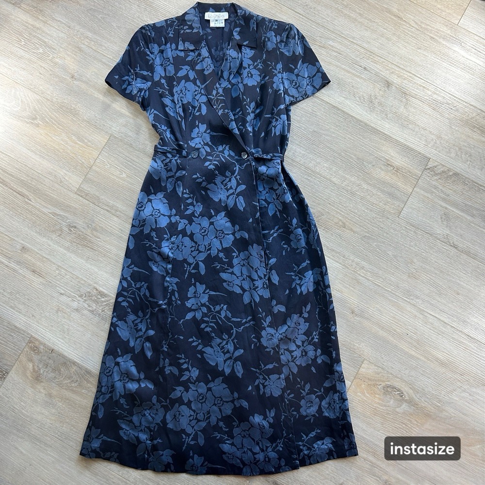 Escada Silk Midi Dress Womens Sz 36 Blue Floral Boho Button Wrap Dress Tie Back